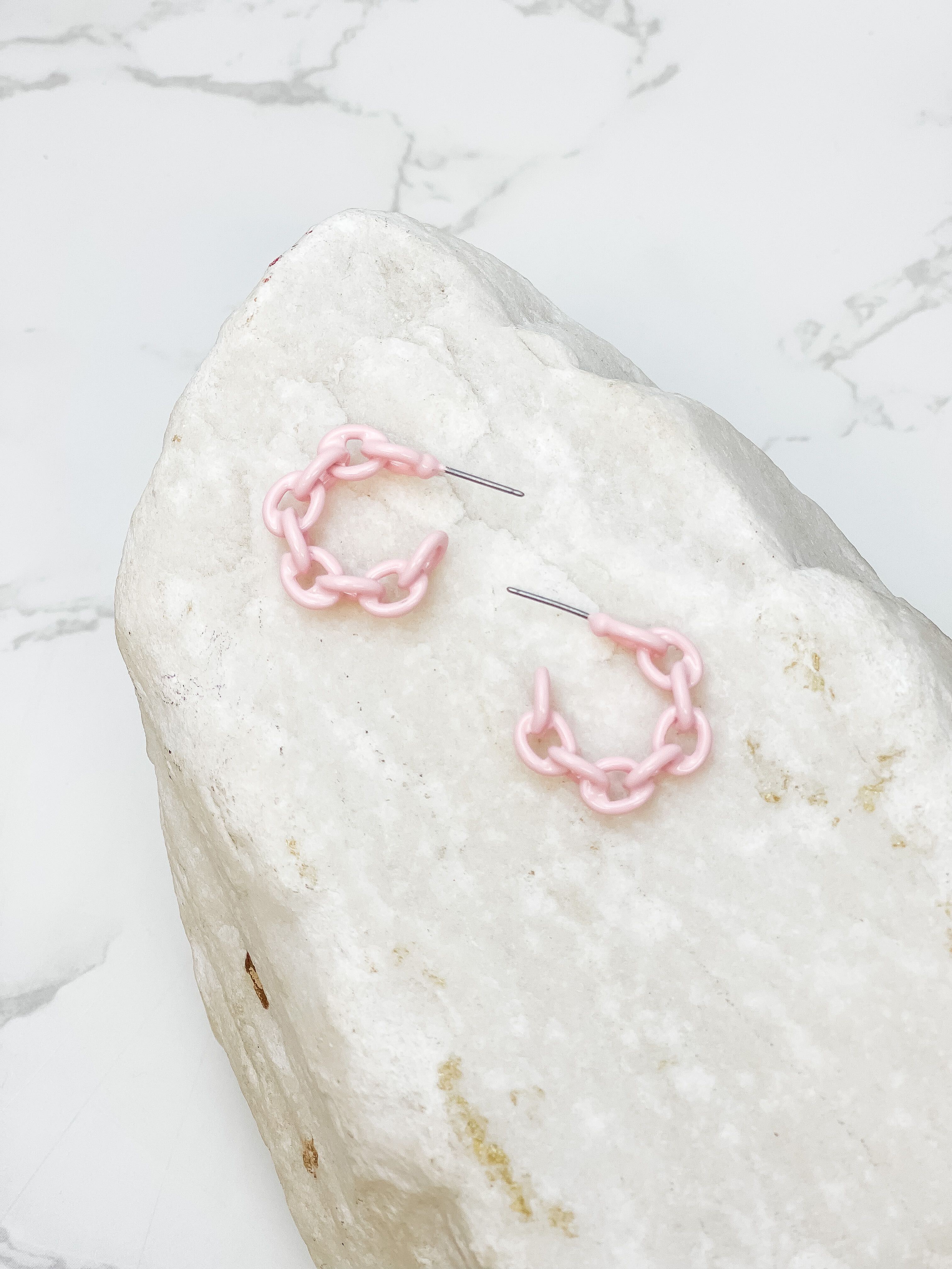 Mini Link Enamel Hoop Earrings - Pink