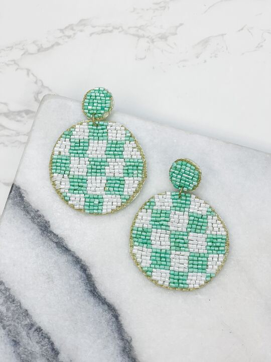 Checkered Beaded Dangled Earrings - Mint