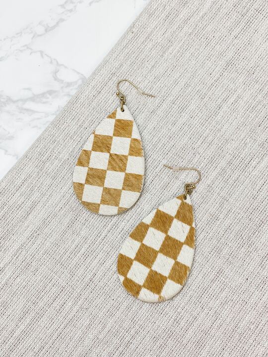Beige Checkered Oval Dangle Earrings