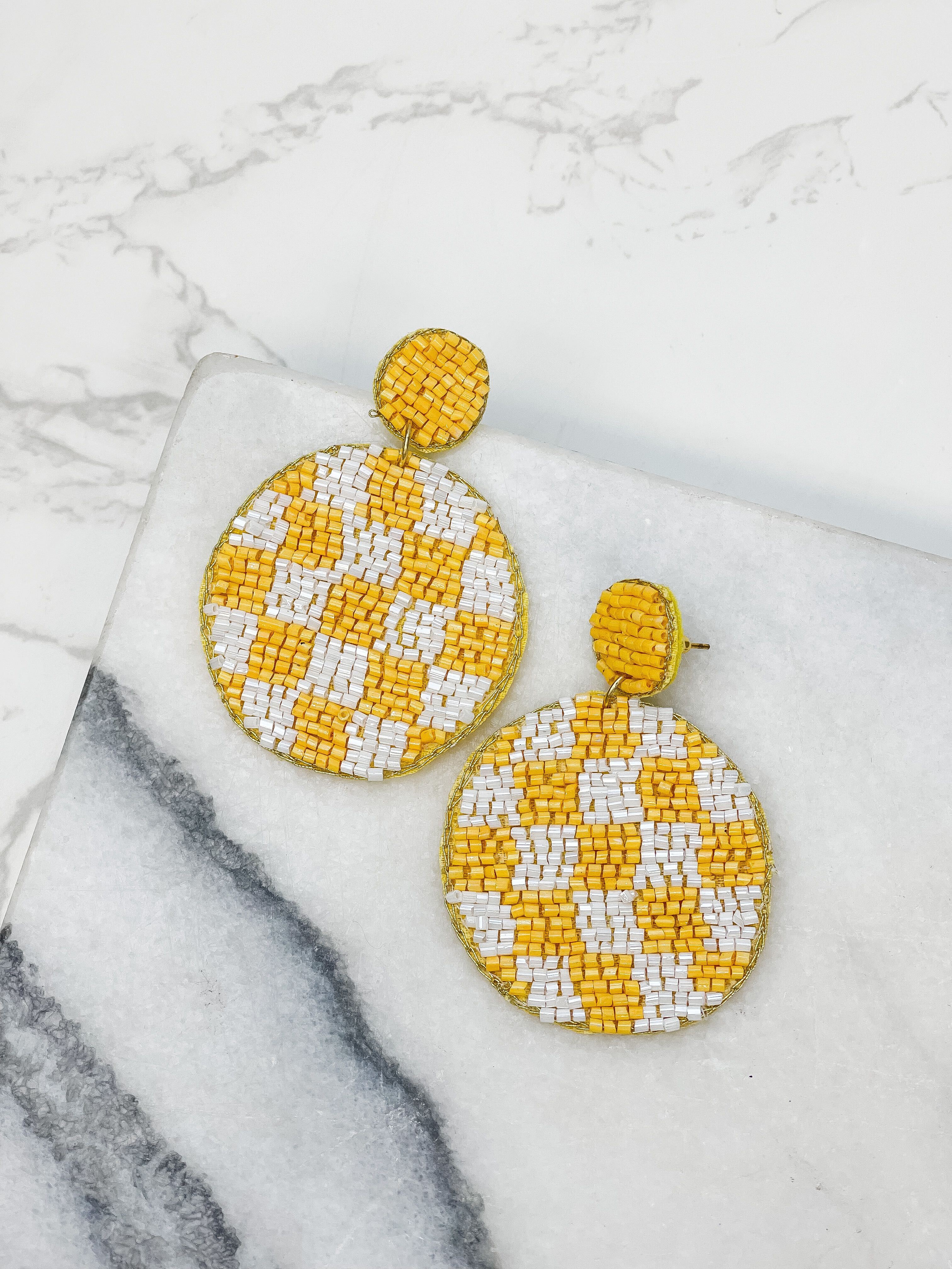 Checkered Beaded Dangled Earrings - Yellow