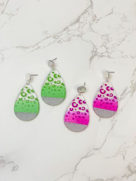 Cheetah Painted Clear Glitter Dangle Earrings - Green