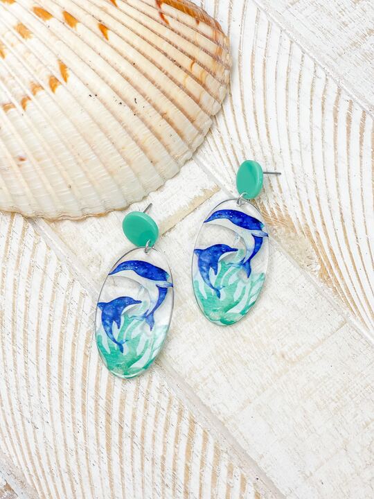 Dolphin Painted Clear Dangle Earrings