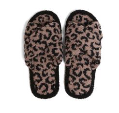 Leopard Criss Cross Fuzzy Slippers - Coffee