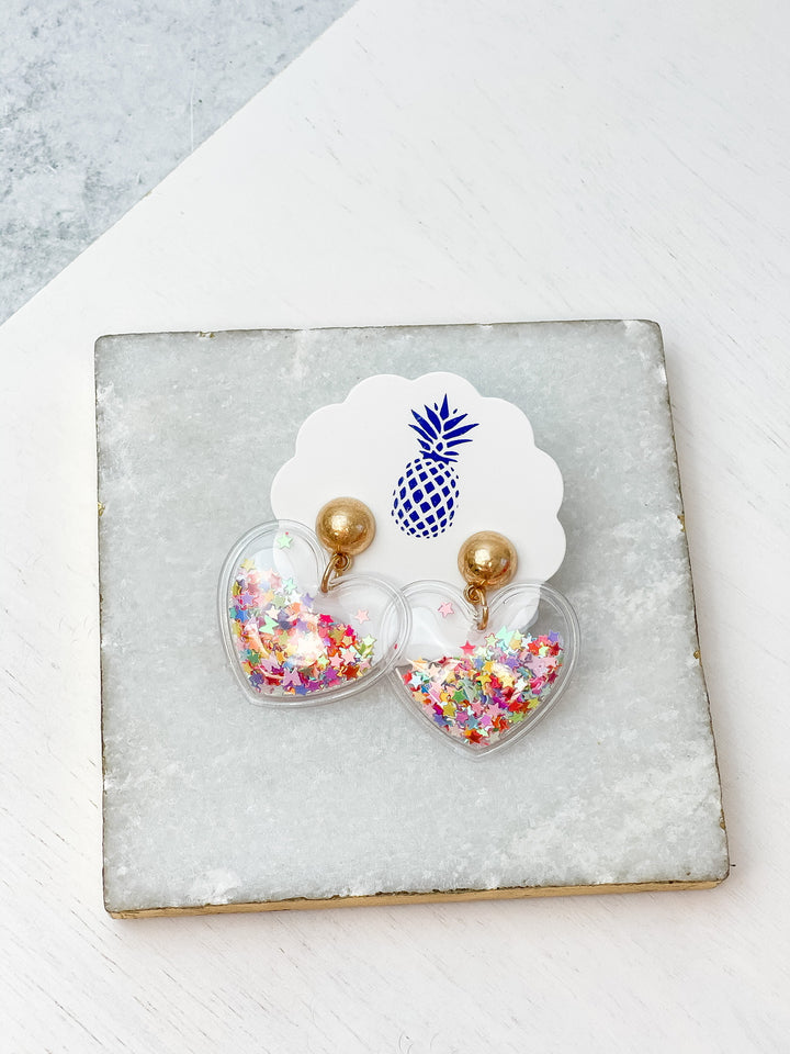 Glitter Shaker Heart Dangle Earrings - Gold