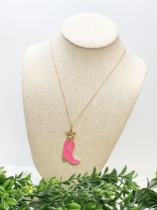 Cowboy Boot Pendant Necklace - Pink