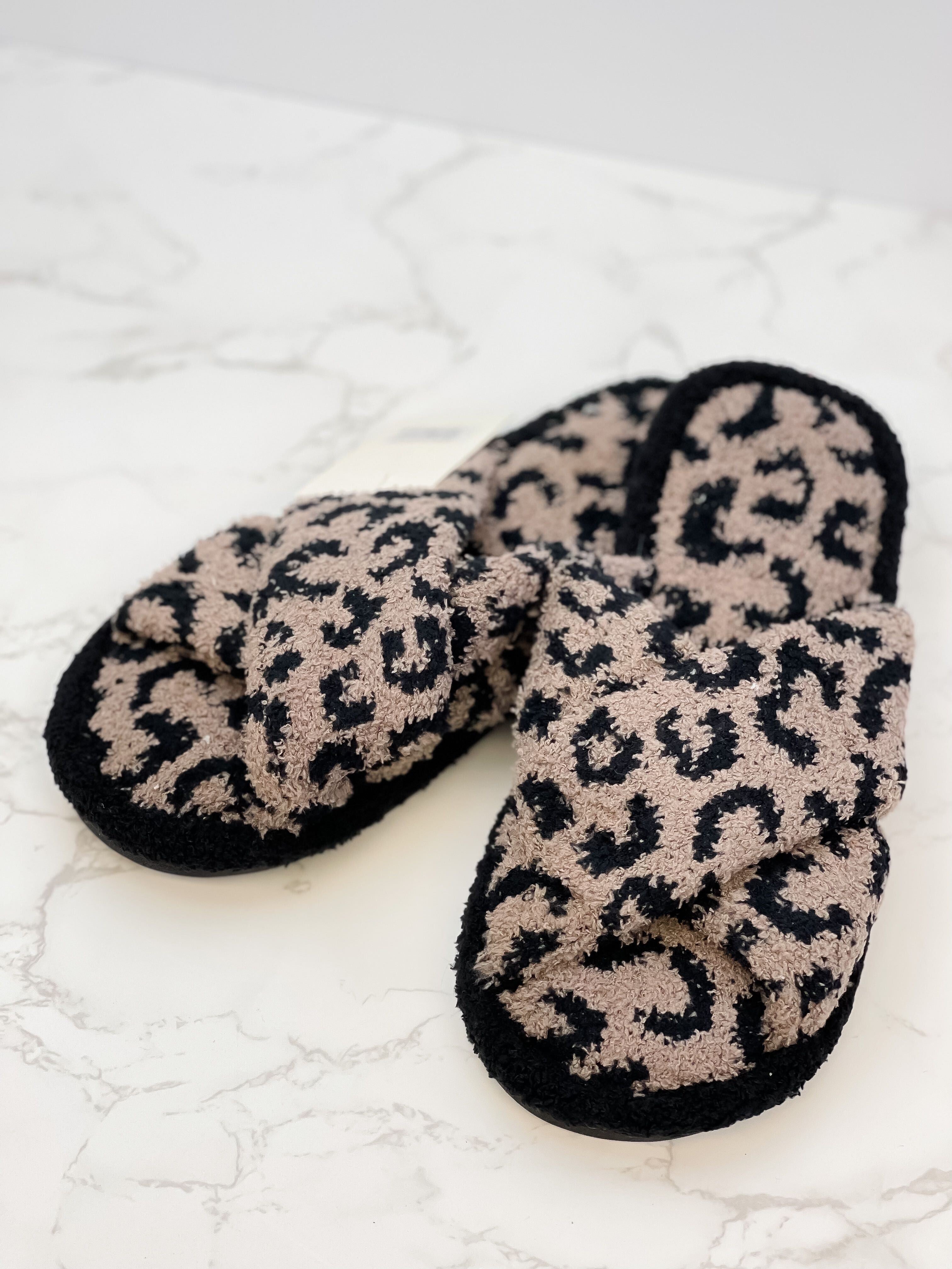 Leopard Criss Cross Fuzzy Slippers - Coffee