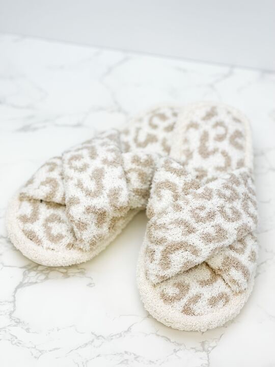 Leopard Criss Cross Fuzzy Slippers - Beige