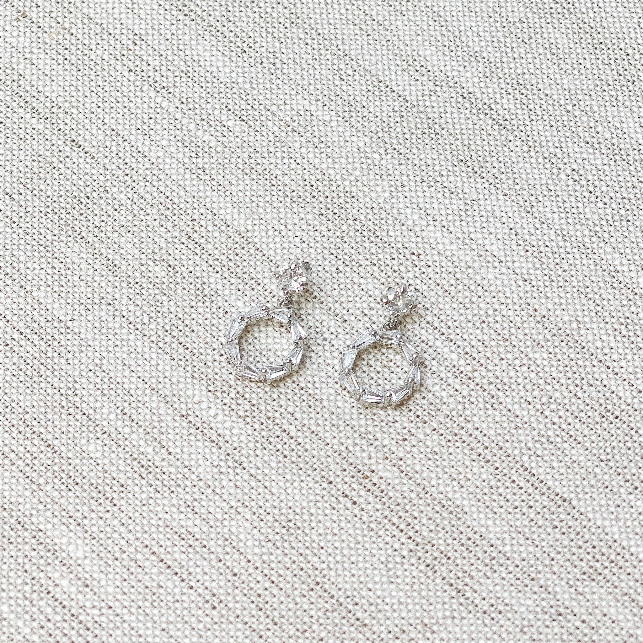 Cubic Zirconia Baguette Circle Dangle Earrings - Silver