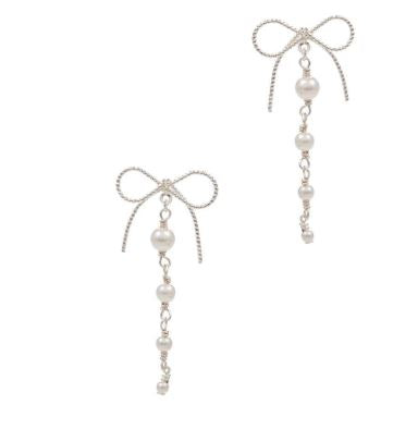 Dainty Bow & Pearl Chain Dangle Earrings - Silver