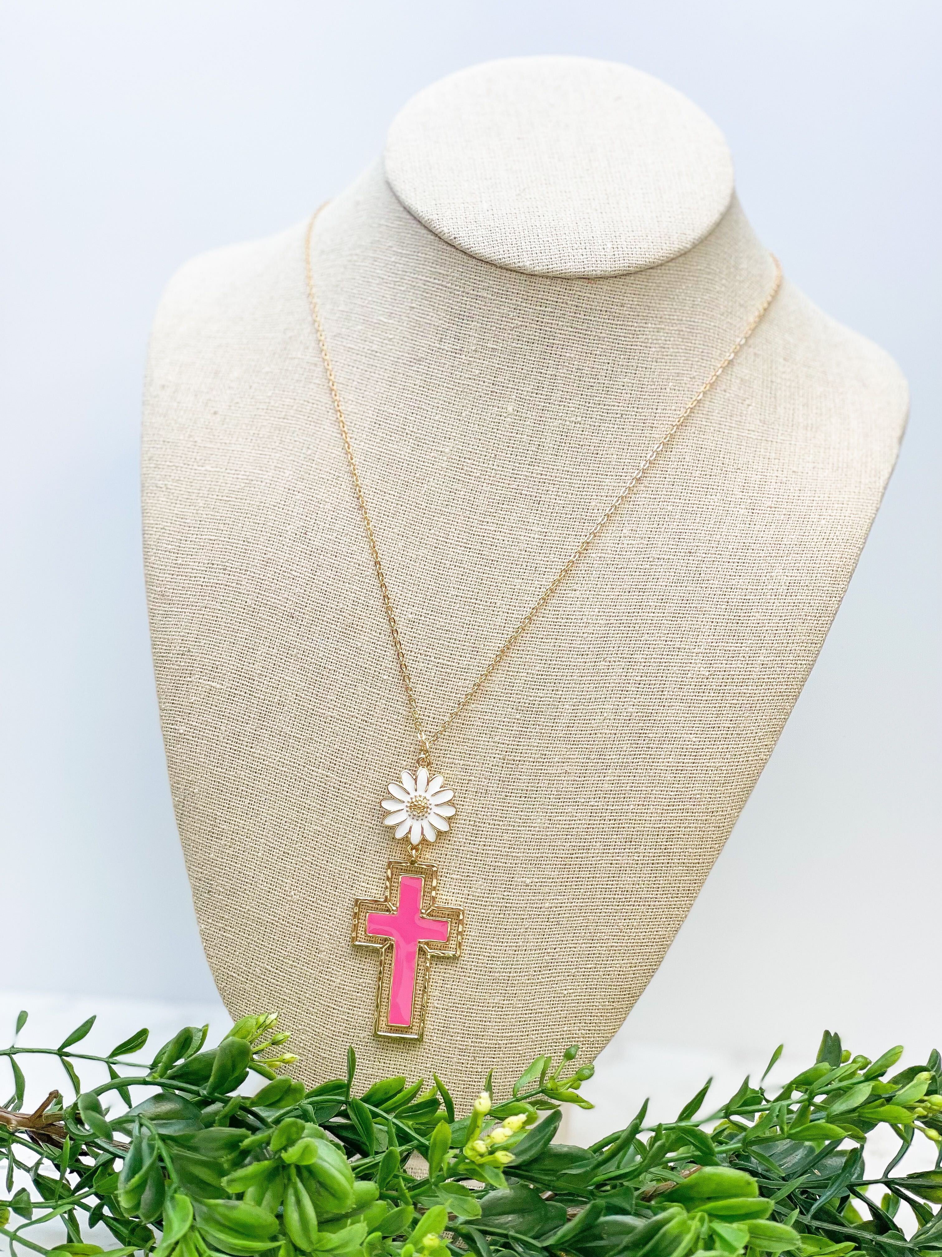 Daisy Cross Pendant Necklace - Pink
