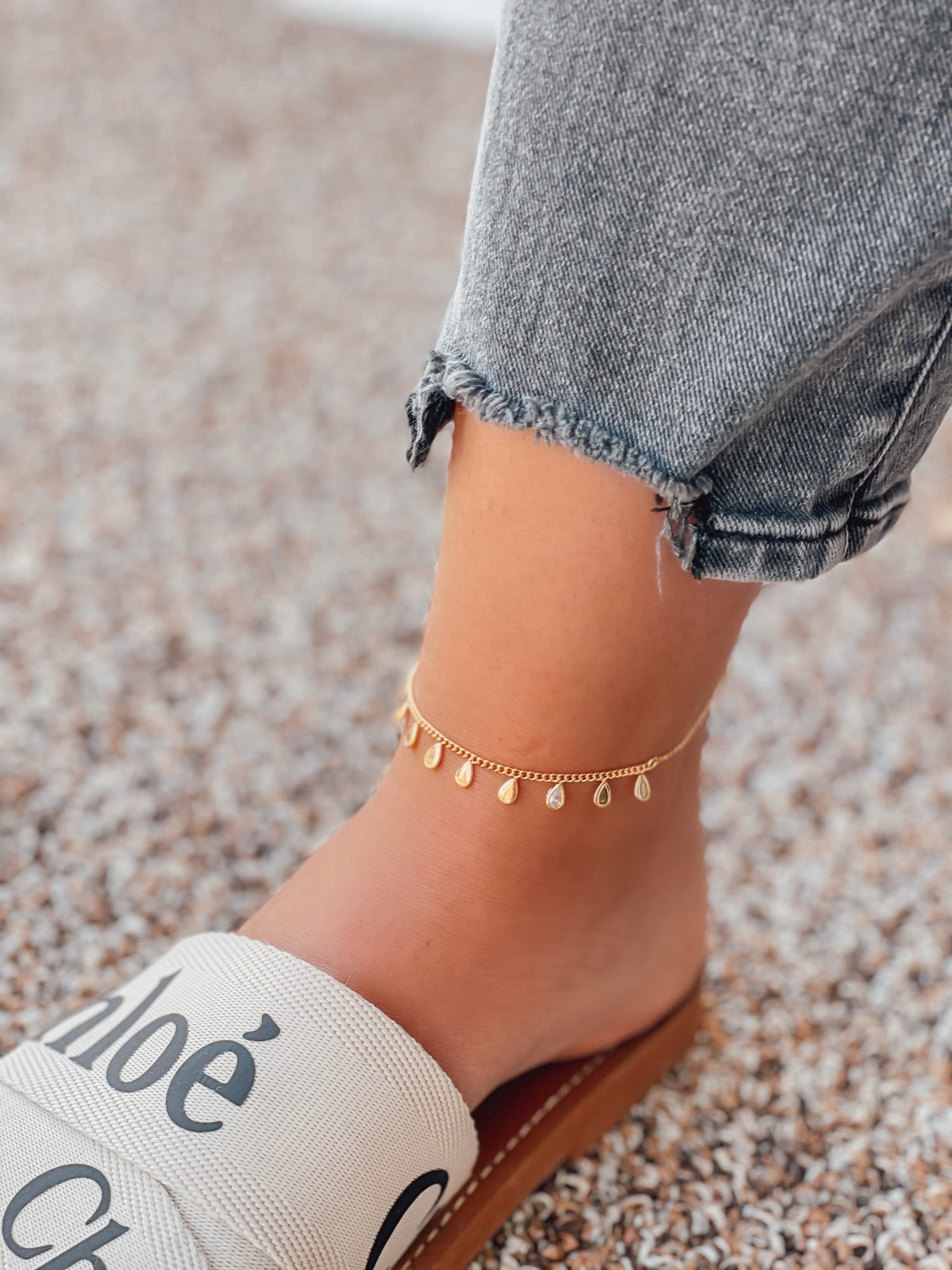 Cubic Zirconia Dangle Anklet - Gold