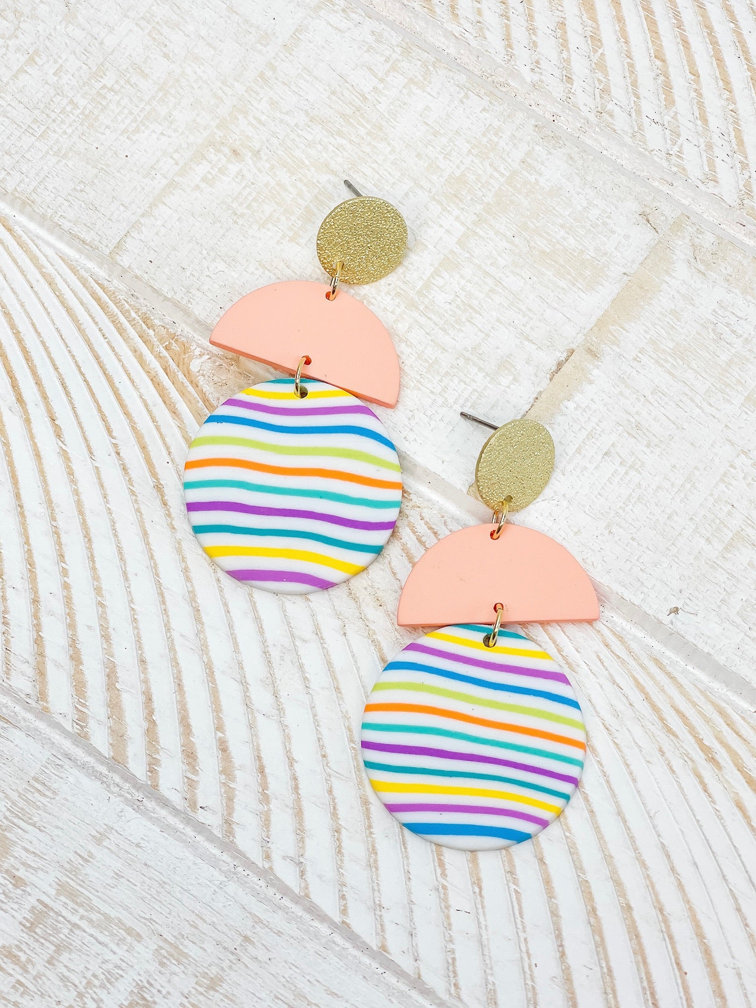 Geometric Circle Clay Dangle Earrings - Rainbow Stripe & Peach