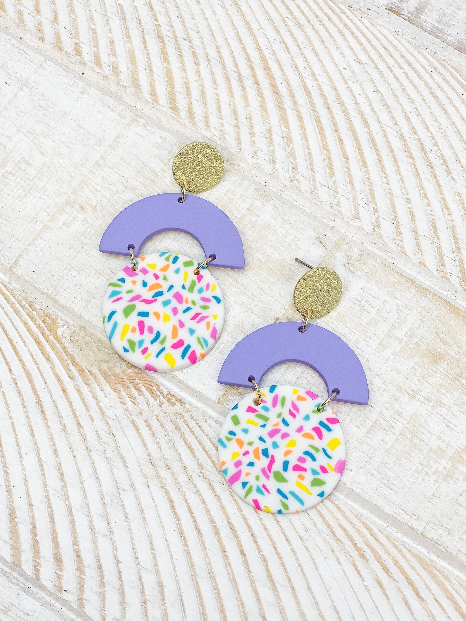 Geometric Circle Clay Dangle Earrings - Rainbow Confetti & Lavender
