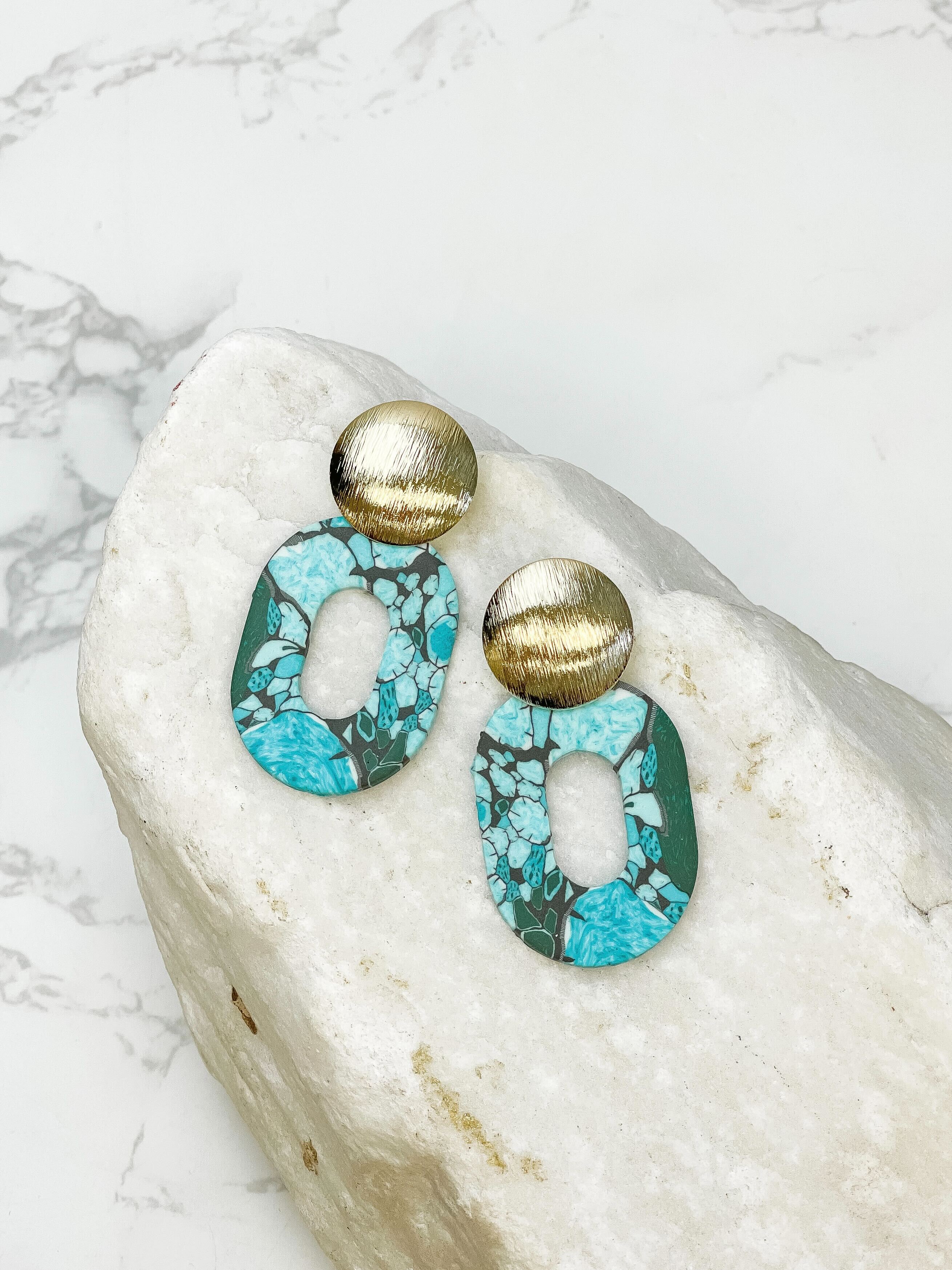 Turquoise & Gold Geometric Clay Dangles - Oval