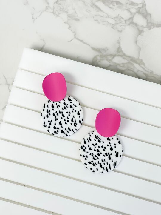 Black, White & Pink Geometric Clay Dangles - Spotted