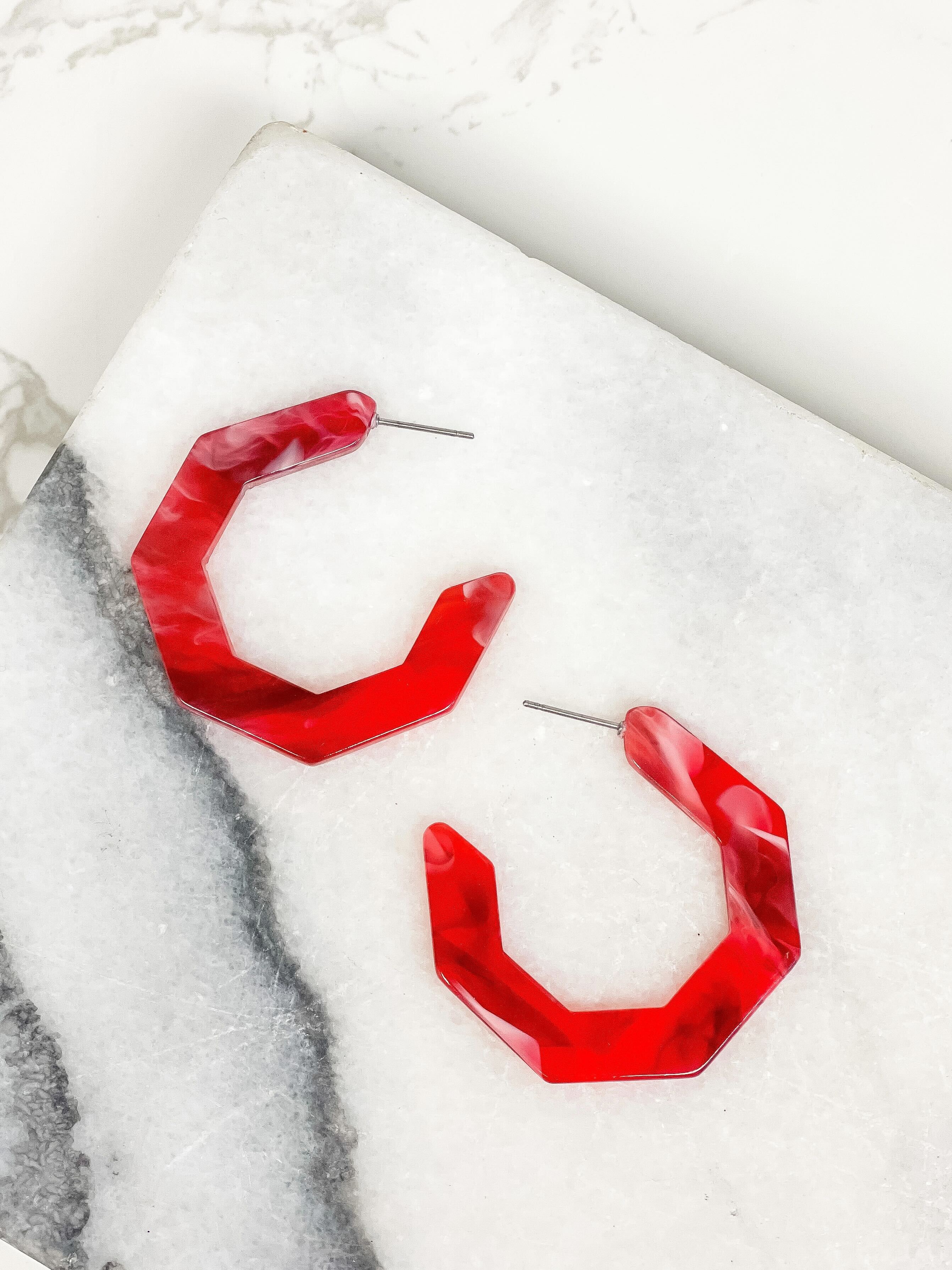 Marbled Geometric Hoop Earrings - Red