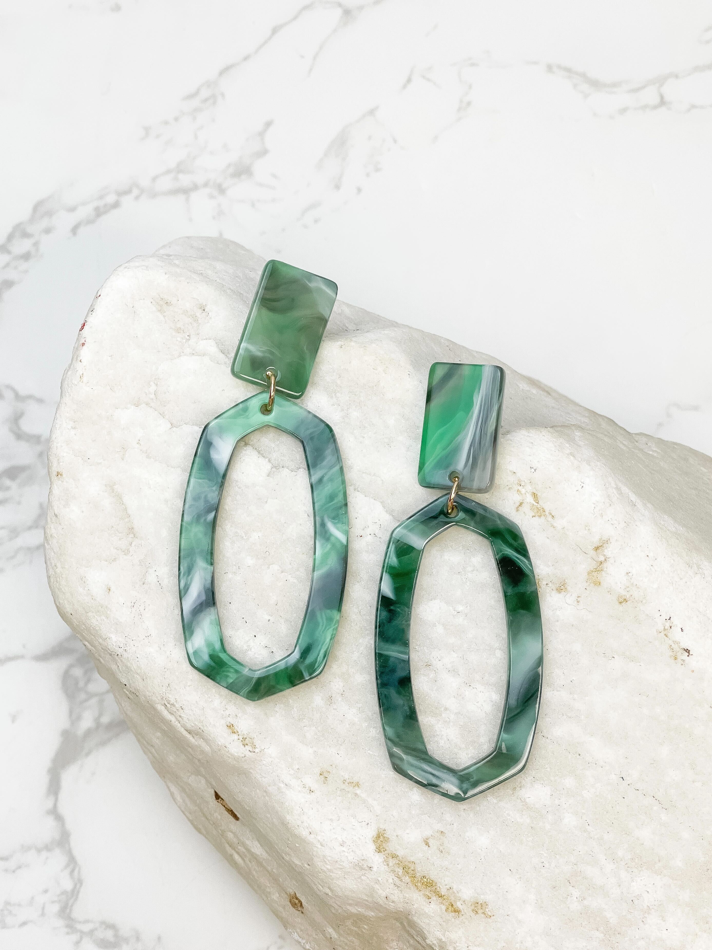 Marbled Oval Dangle Earrings - Green