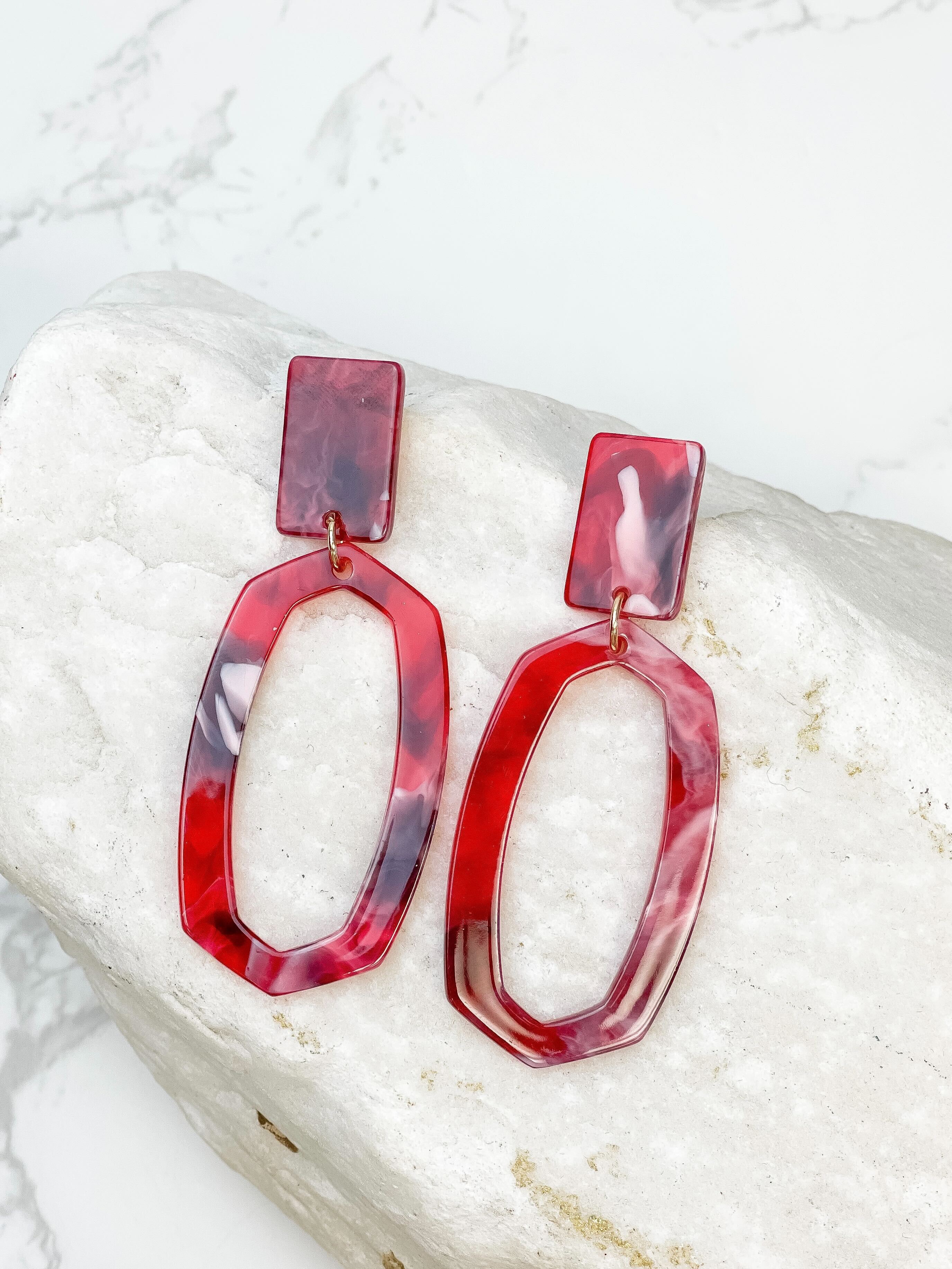 Marbled Oval Dangle Earrings - Red