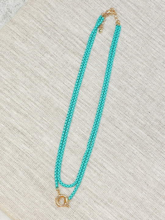 Enamel Box Chain Layered Necklace - Turquoise