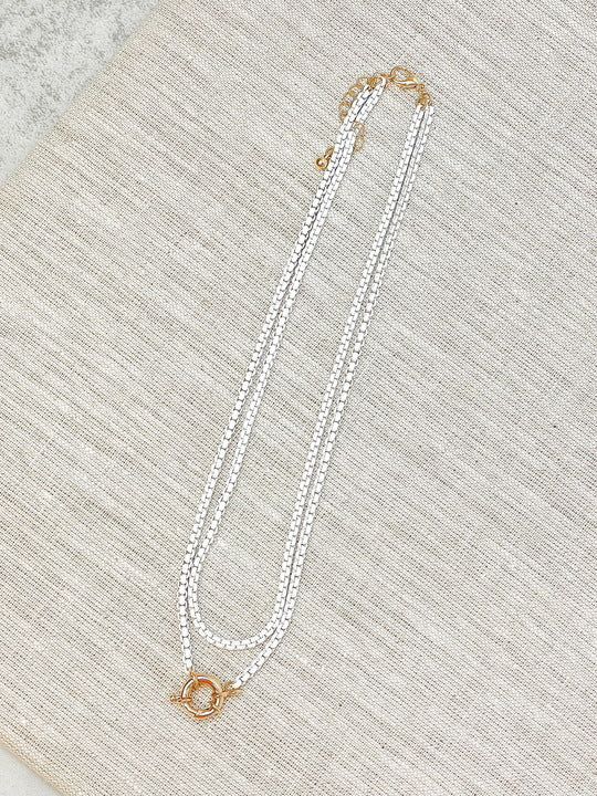 Enamel Box Chain Layered Necklace - White