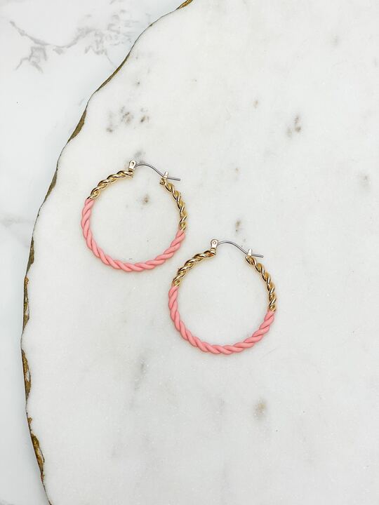 Enamel Gold Twist Hoop Earrings - Light Pink