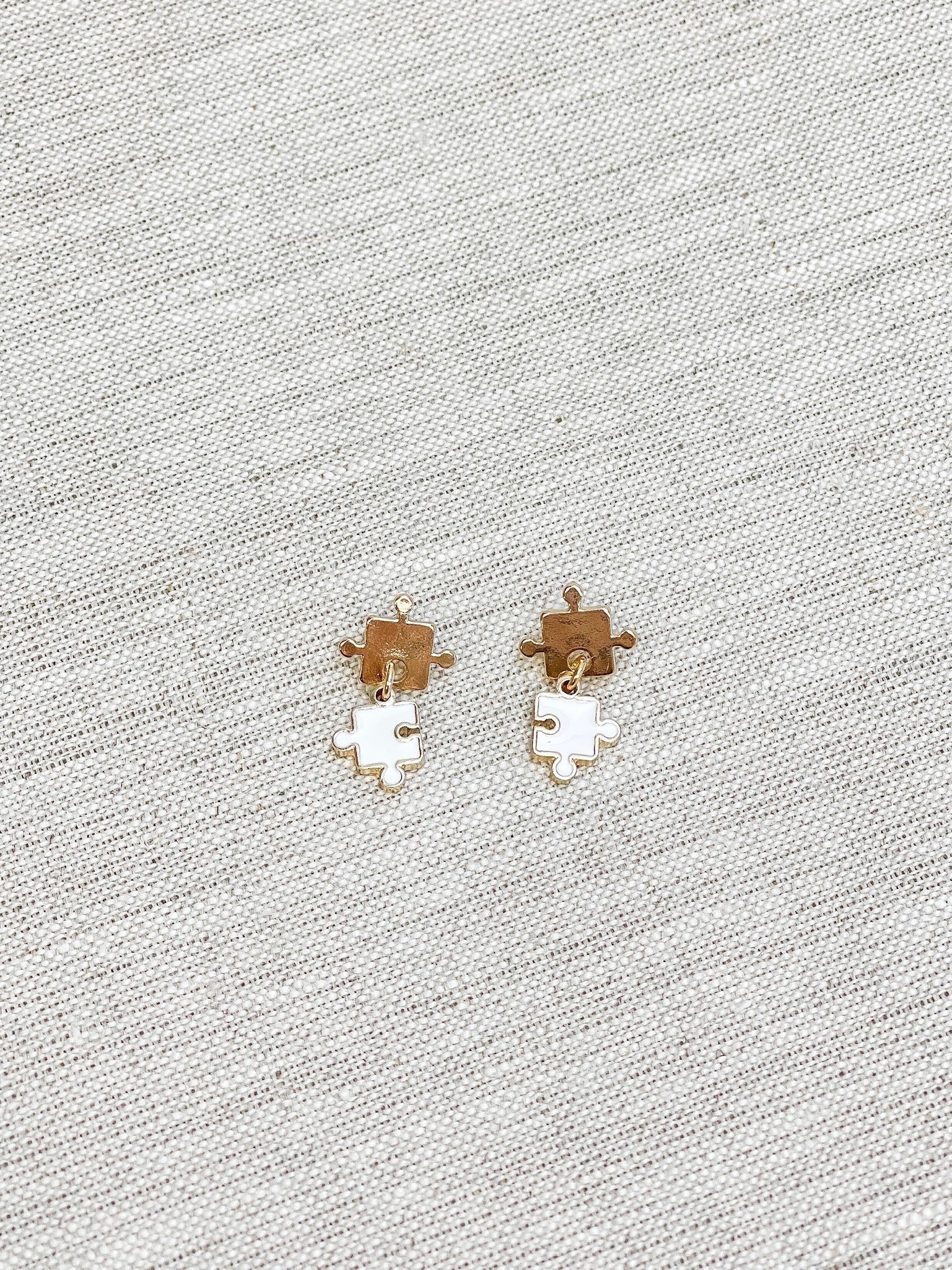 Enamel Puzzle Piece Dangle Earrings - White