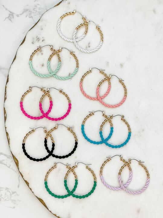 Enamel Gold Twist Hoop Earrings - Light Pink