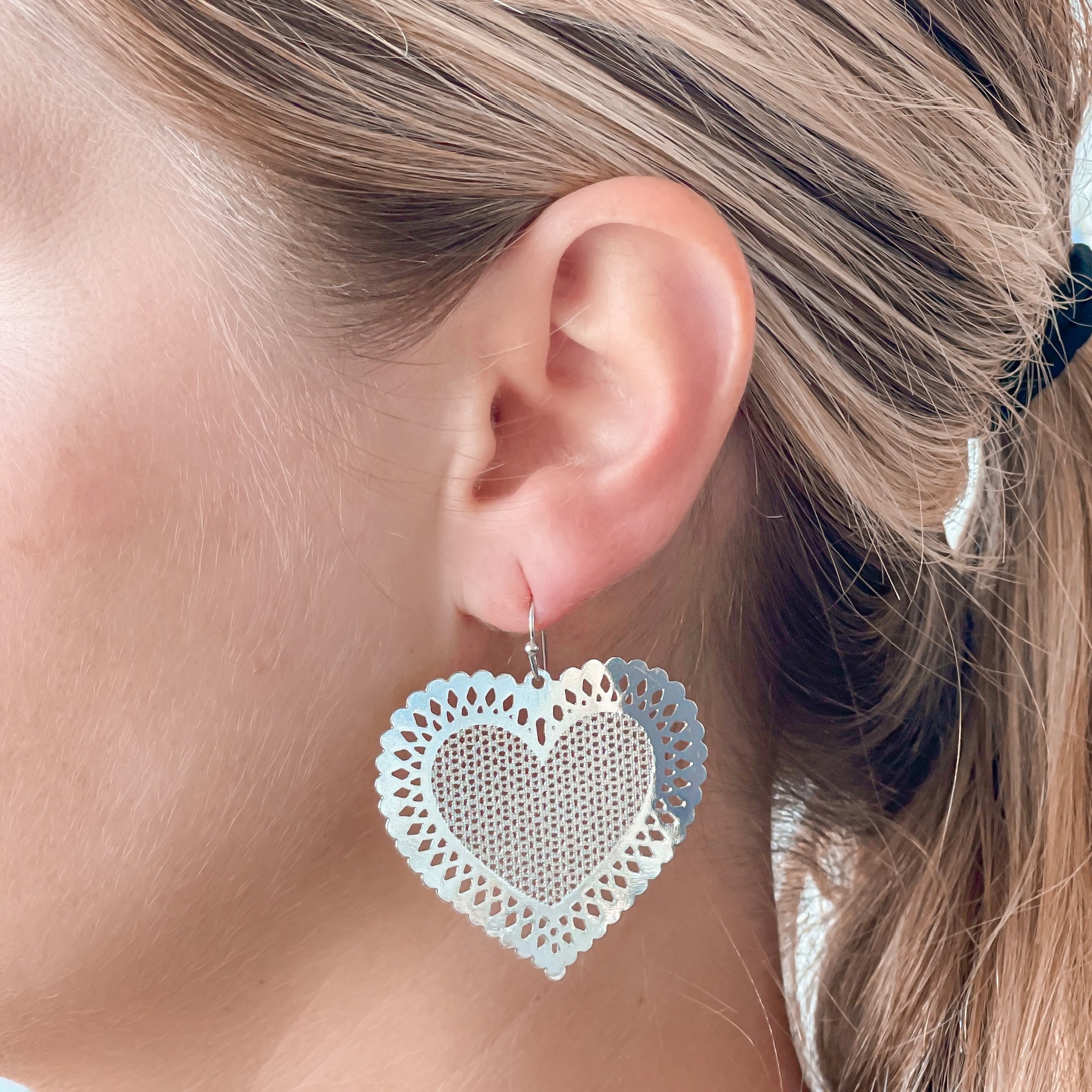 Filigree Heart Dangle Earrings - Silver