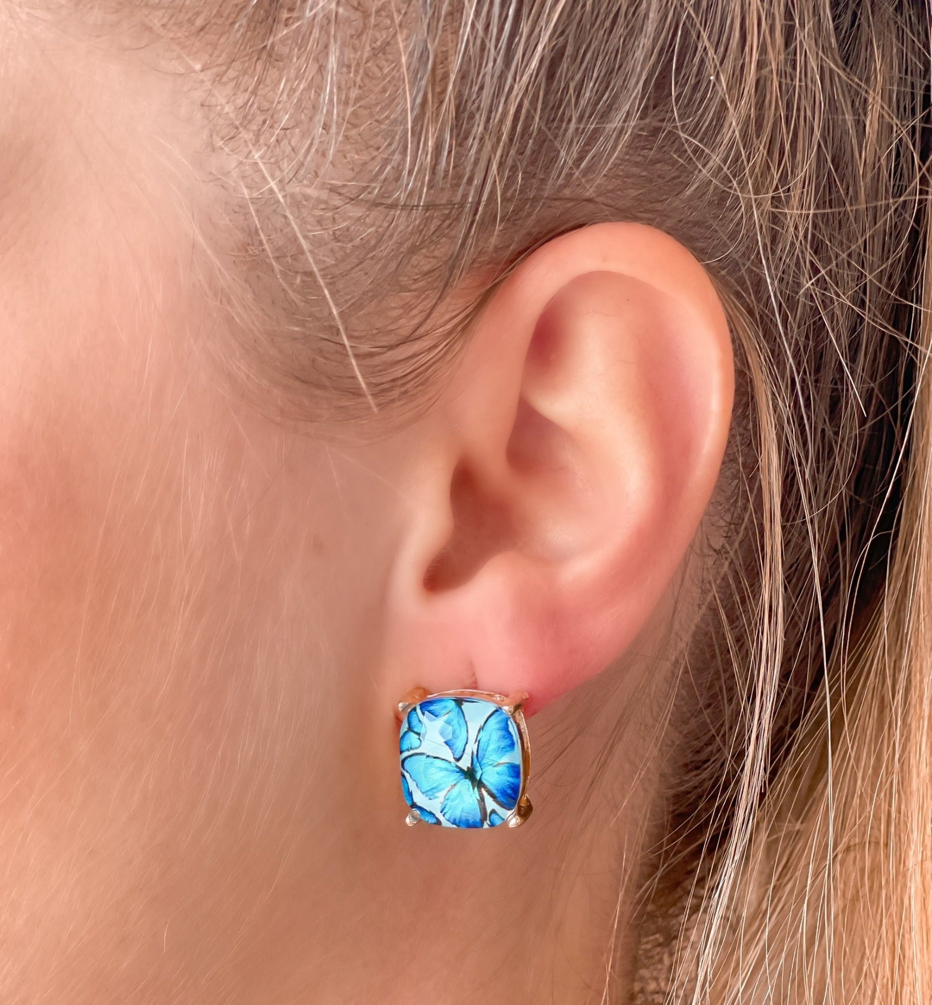 Butterfly Glass Stud Earrings - Blue