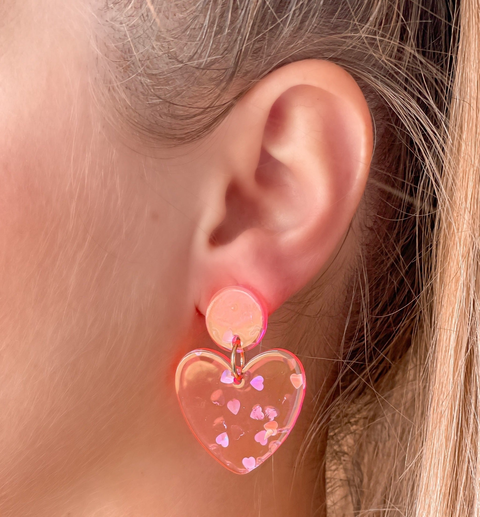 Silver Confetti Heart Dangle Earrings - Neon Pink