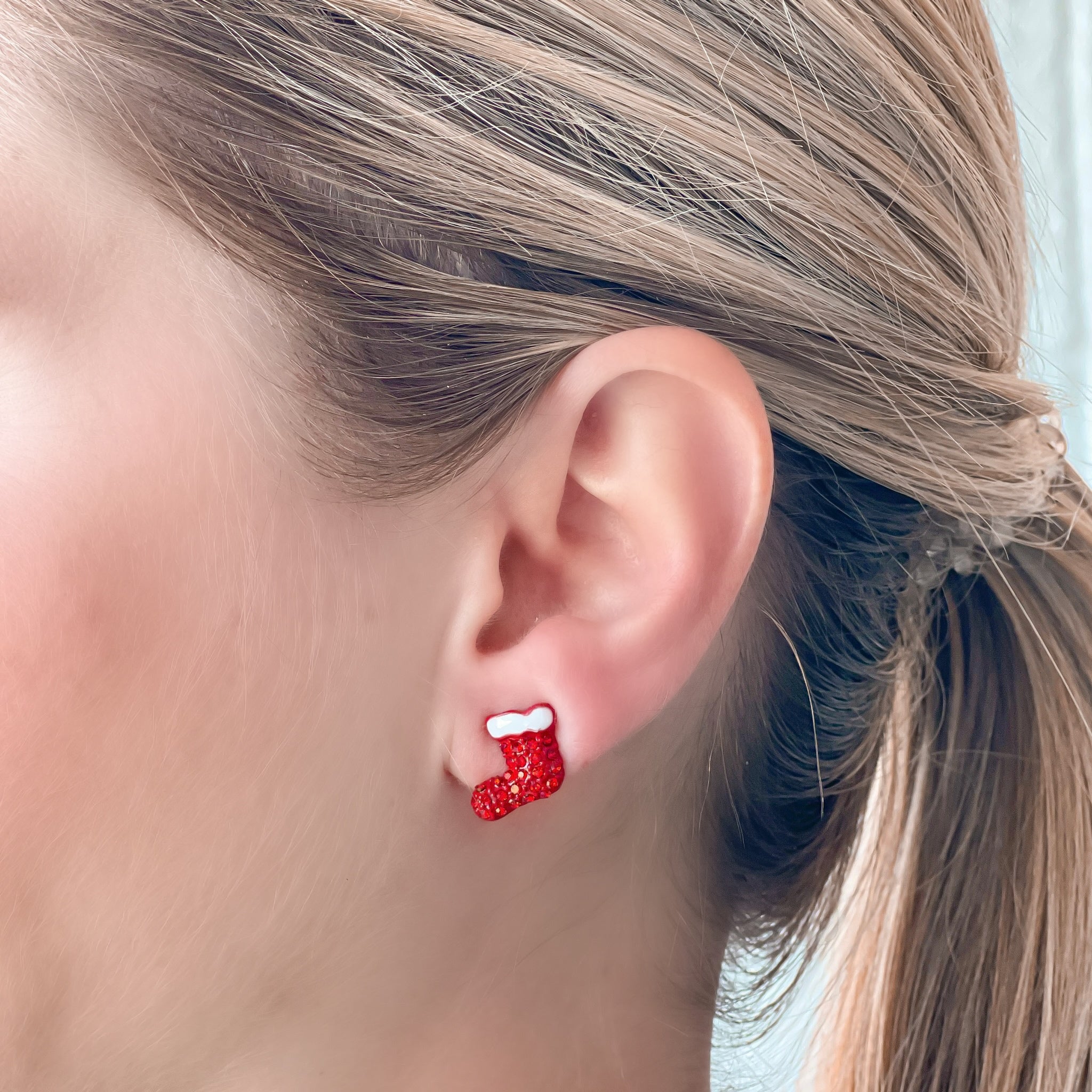 Pave Red Stocking Stud Earrings