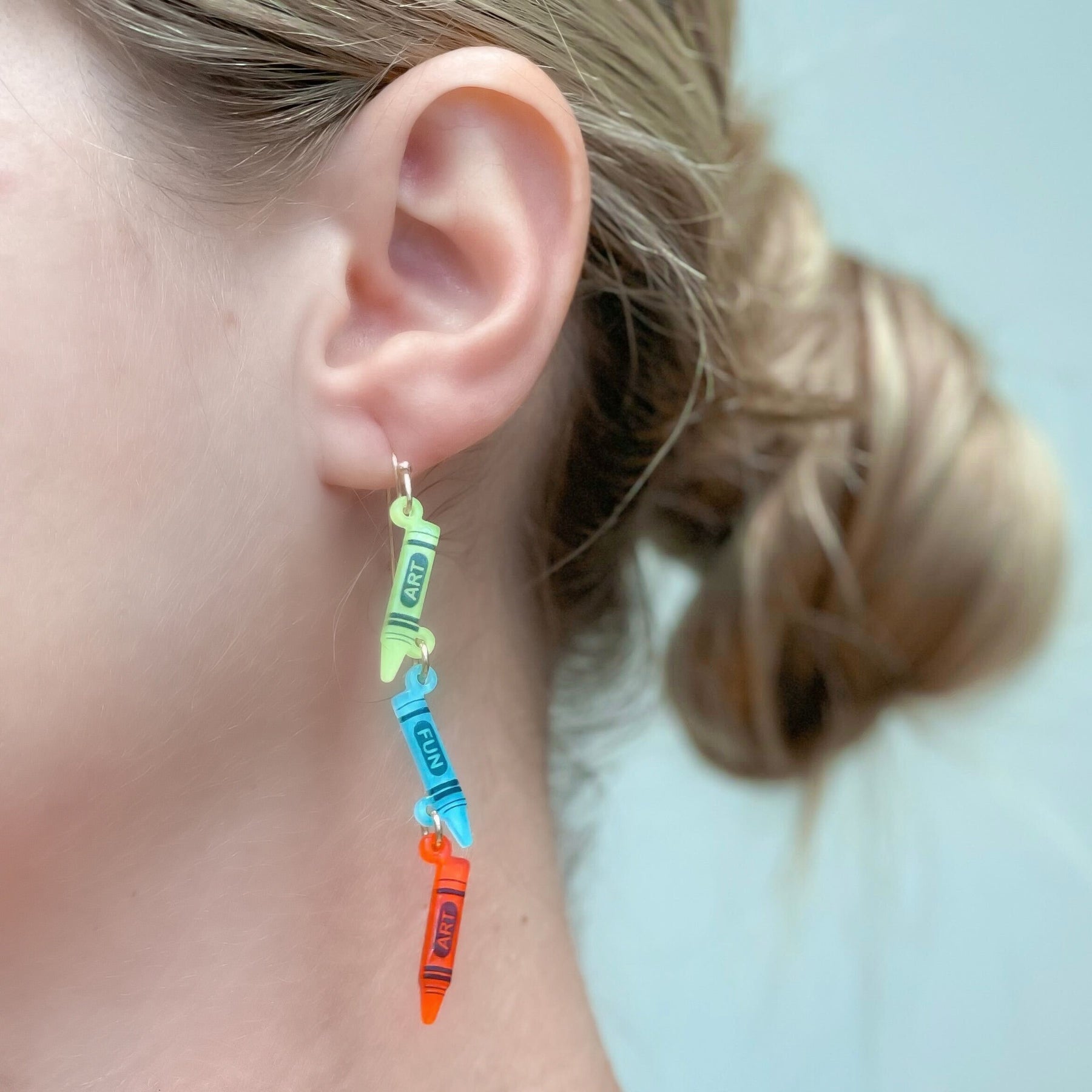 'Art' Acrylic Crayon Dangle Earrings - Blue Multi