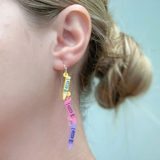 'Art' Acrylic Crayon Dangle Earrings - Pink Multi