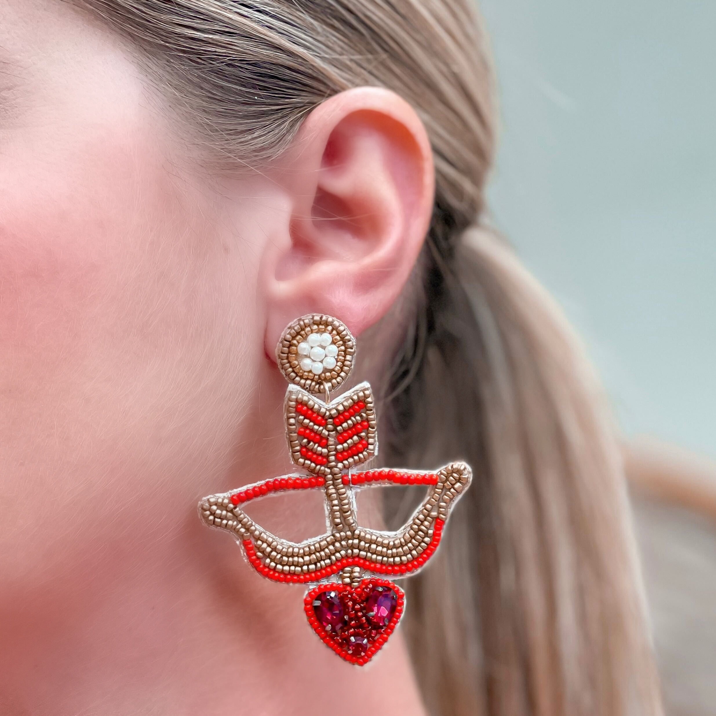 Cupid's Bow & Arrow Beaded Dangle Earrings