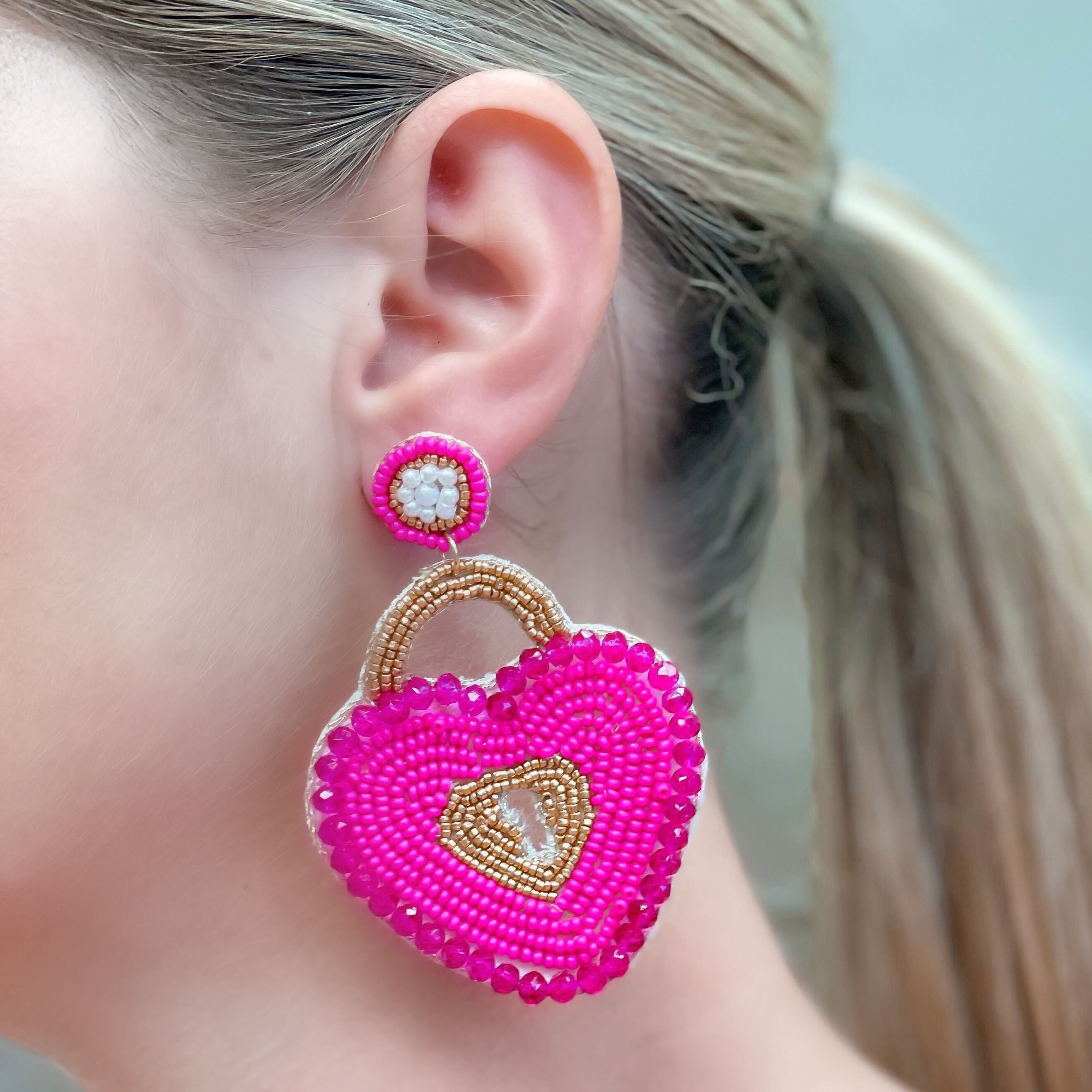 Heart Locket Beaded Dangle Earrings - Pink