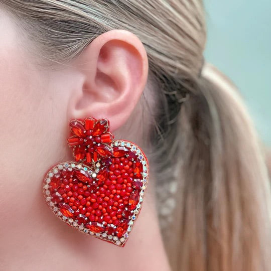 Glitzy Rhinestone Heart Dangle Earrings - Red