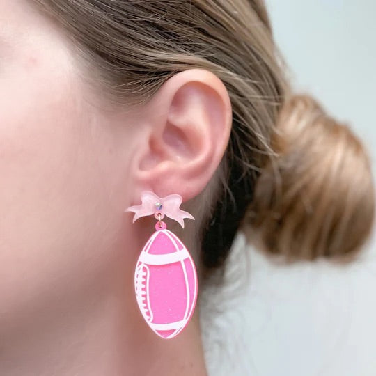 Football Bow Drop Earrings - Pink