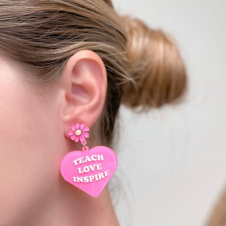 'Teach Love Inspire' Heart Dangle Earrings - Pink