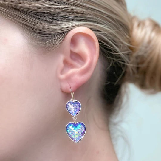 Mermaid Scale Heart Dangle Earrings - Purple