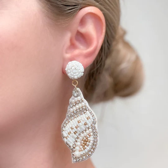 Beaded Rhinestone Shell Dangle Earrings - White