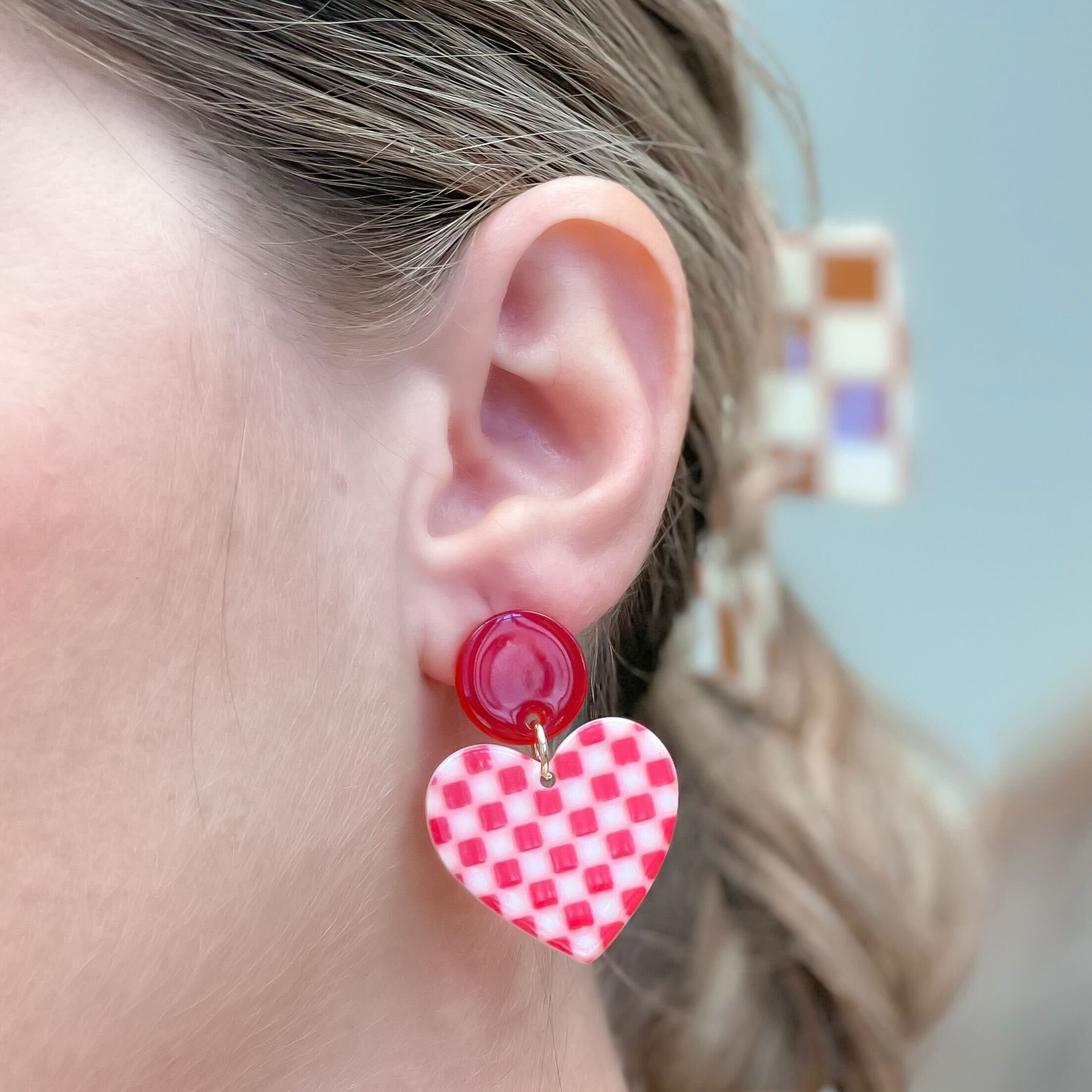 Acrylic Red Checkered Heart Dangle Earrings