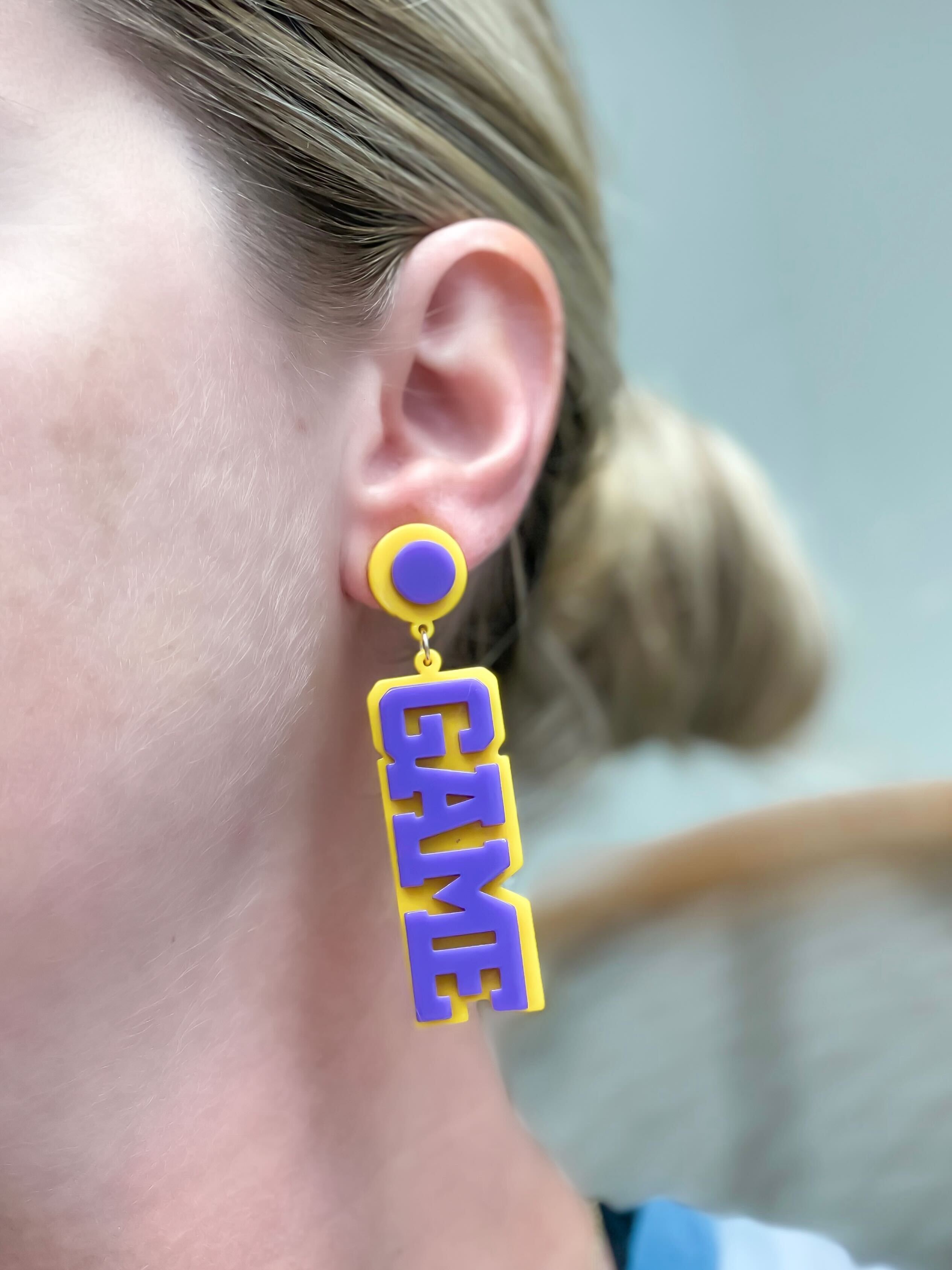'Game Day' Statement Dangle Earrings - Yellow & Purple