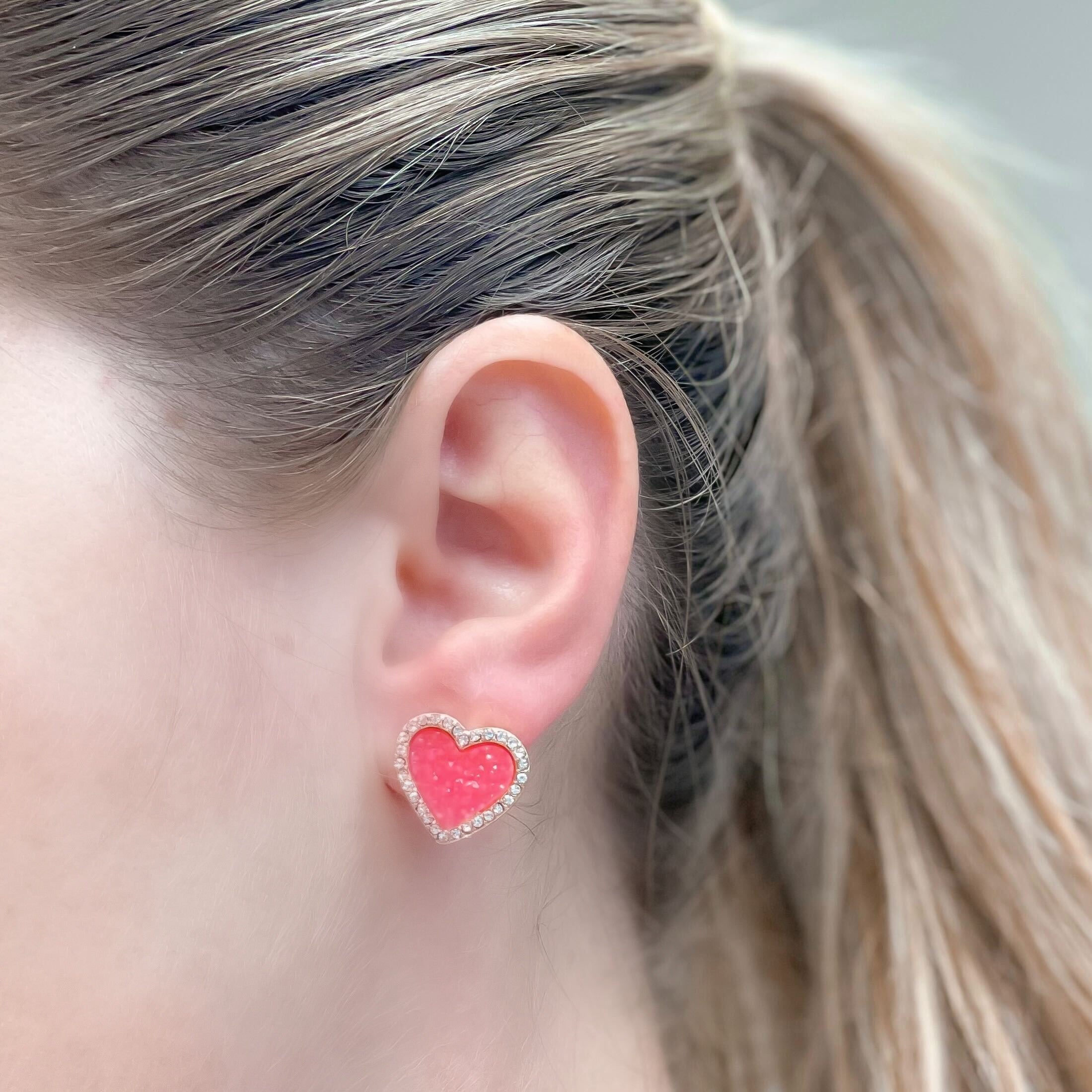 Druzy Heart Stud Earrings - Hot Pink