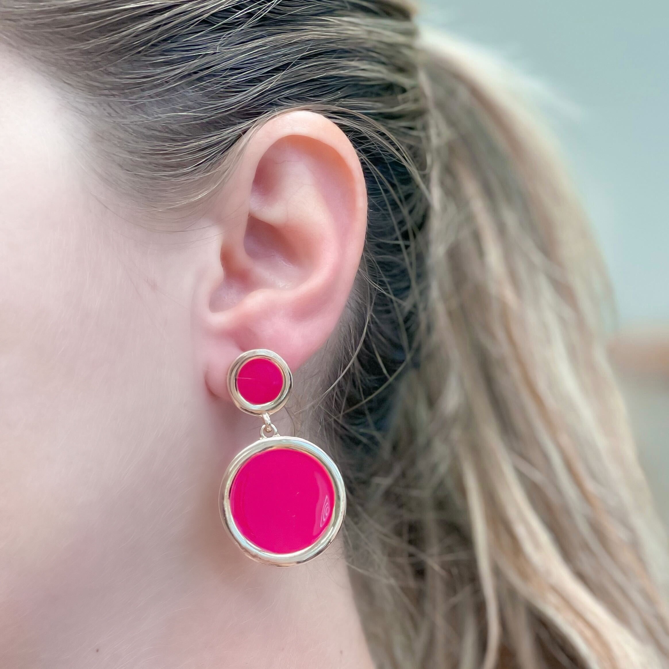Round Gold-Trim Enamel Dangle Earrings - Pink