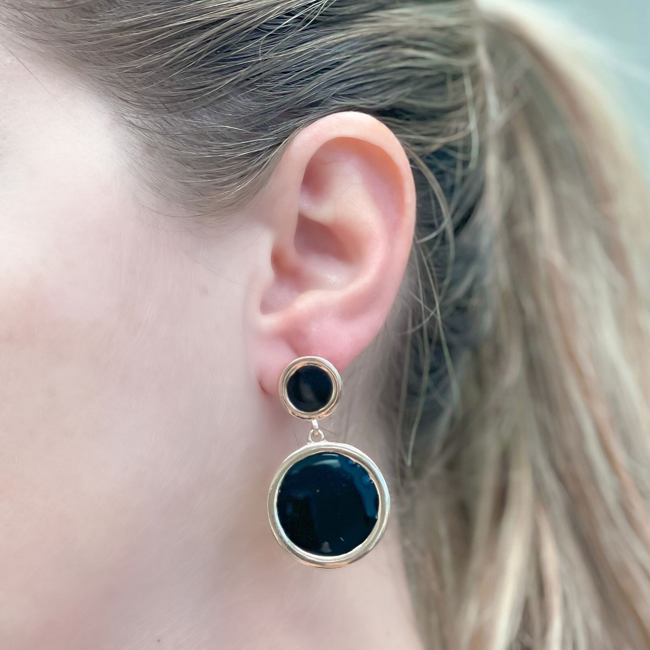 Round Gold-Trim Enamel Dangle Earrings - Black
