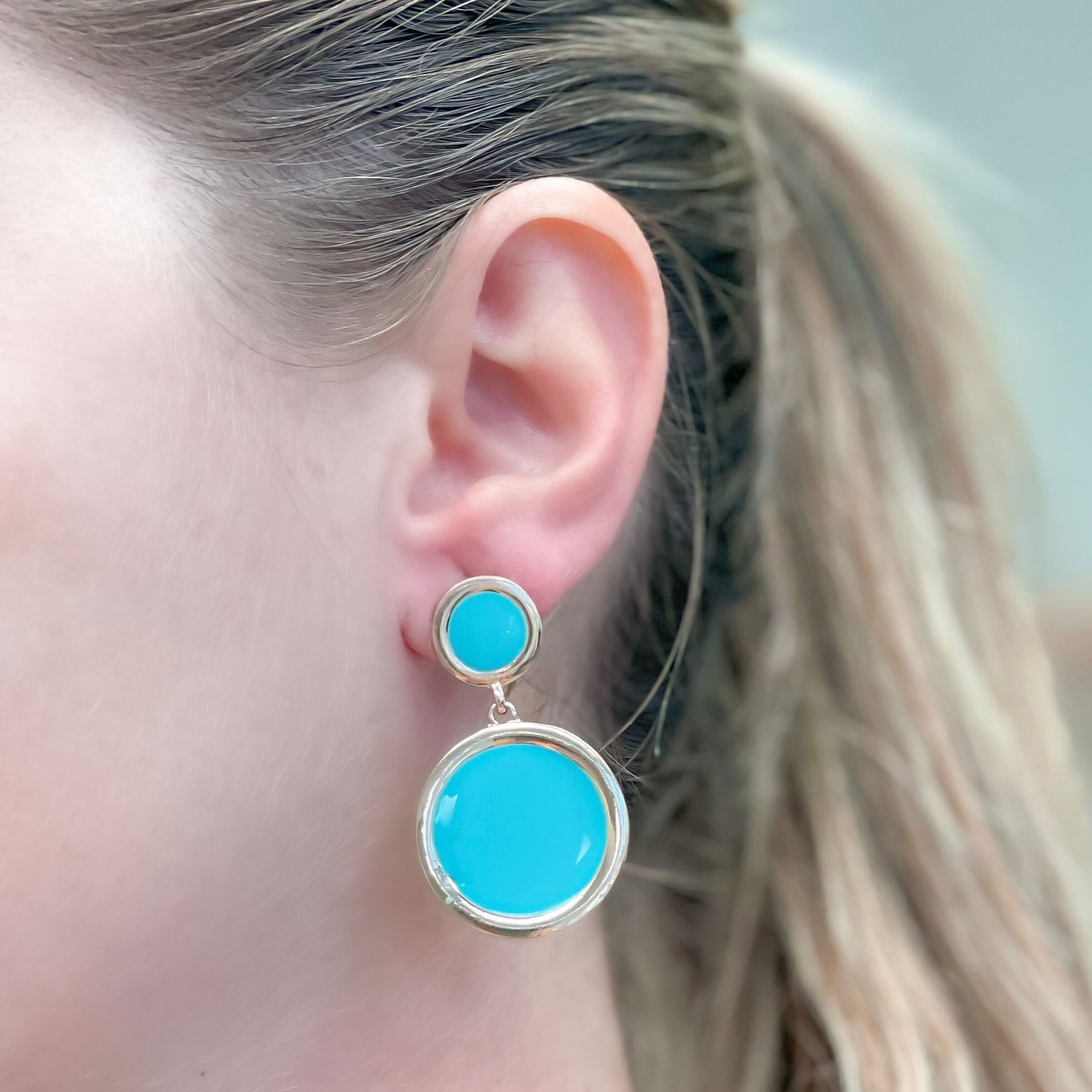 Round Gold-Trim Enamel Dangle Earrings - Turquoise