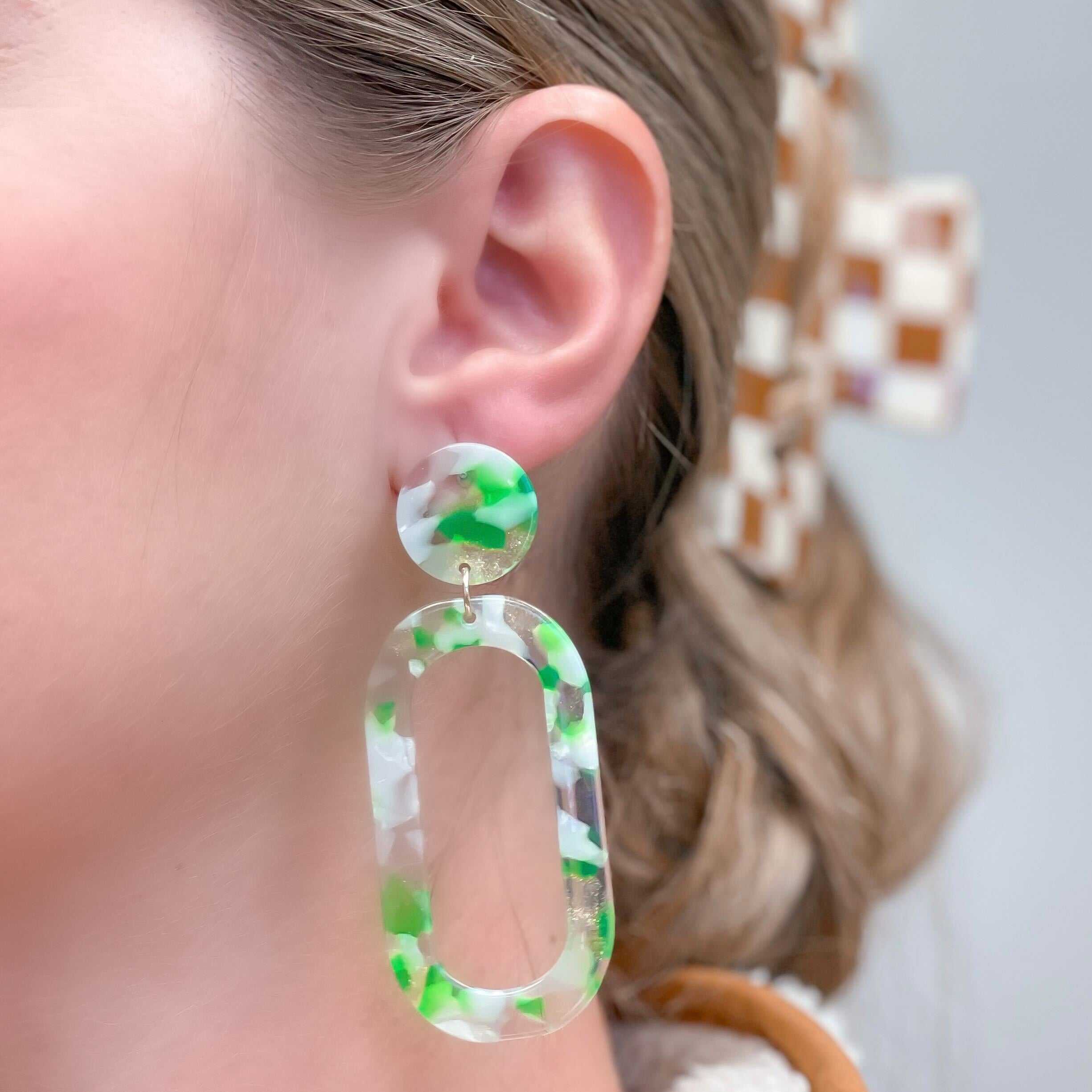 Marbled Acrylic Neon Oval Dangle Earrings - Green