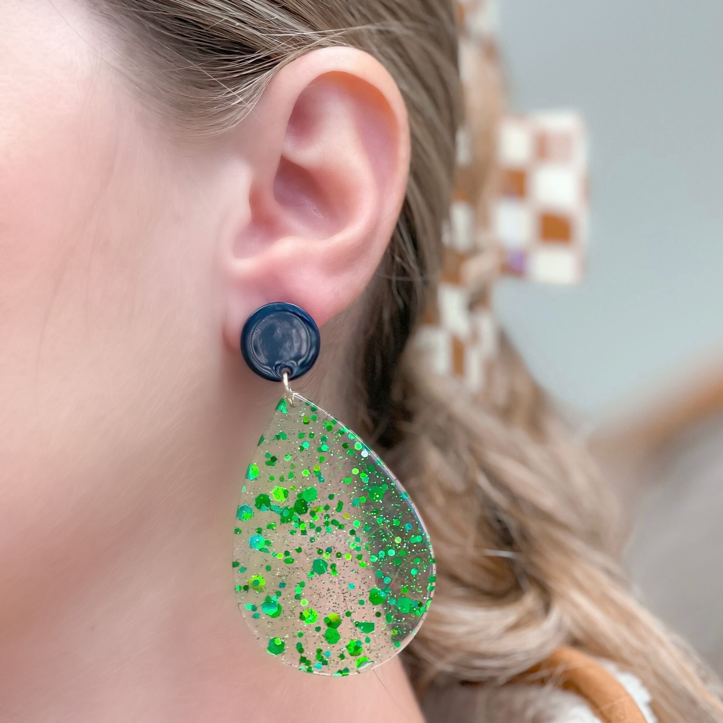 Green Confetti Teardrop Dangle Earrings