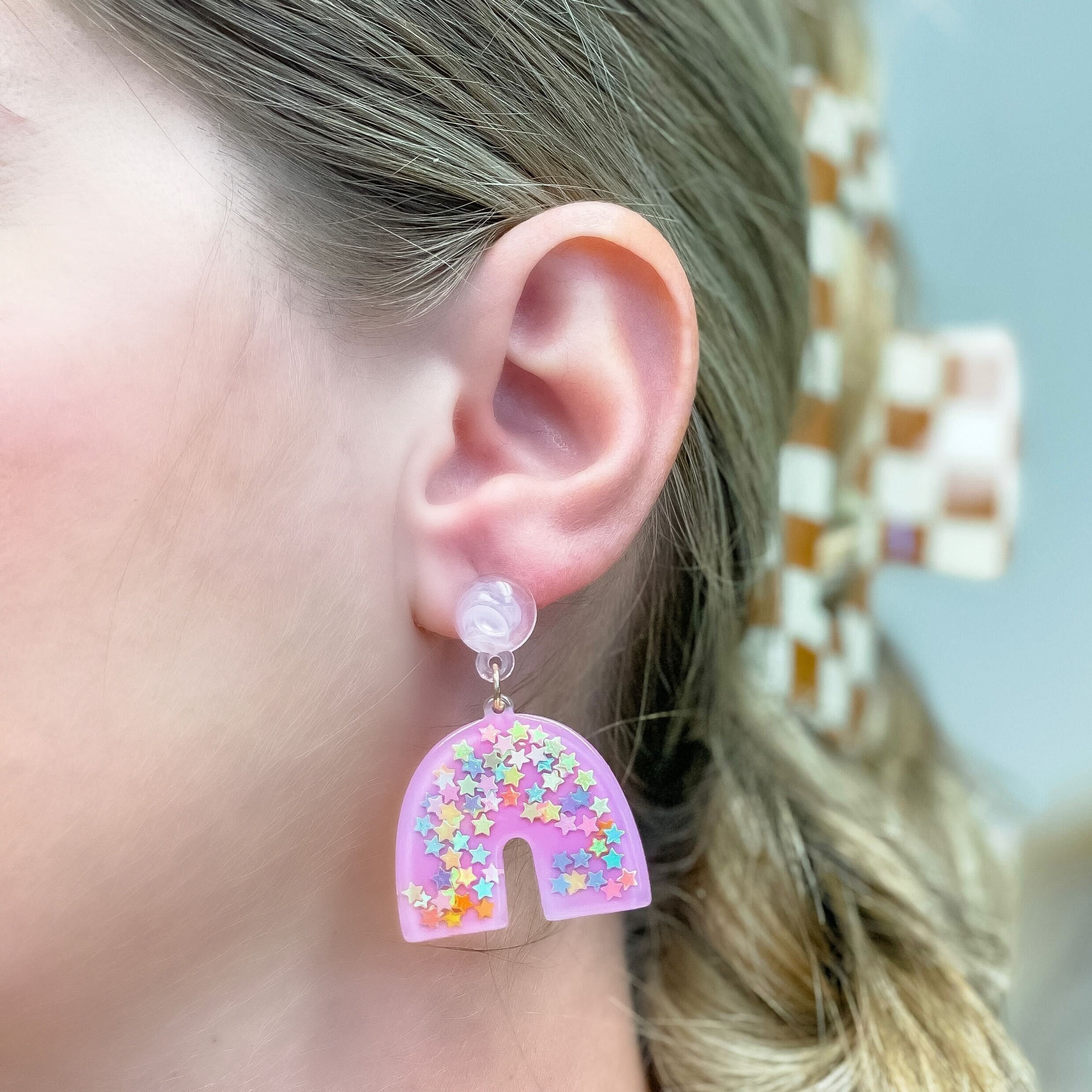Star Confetti Rainbow Dangle Earrings - Pink