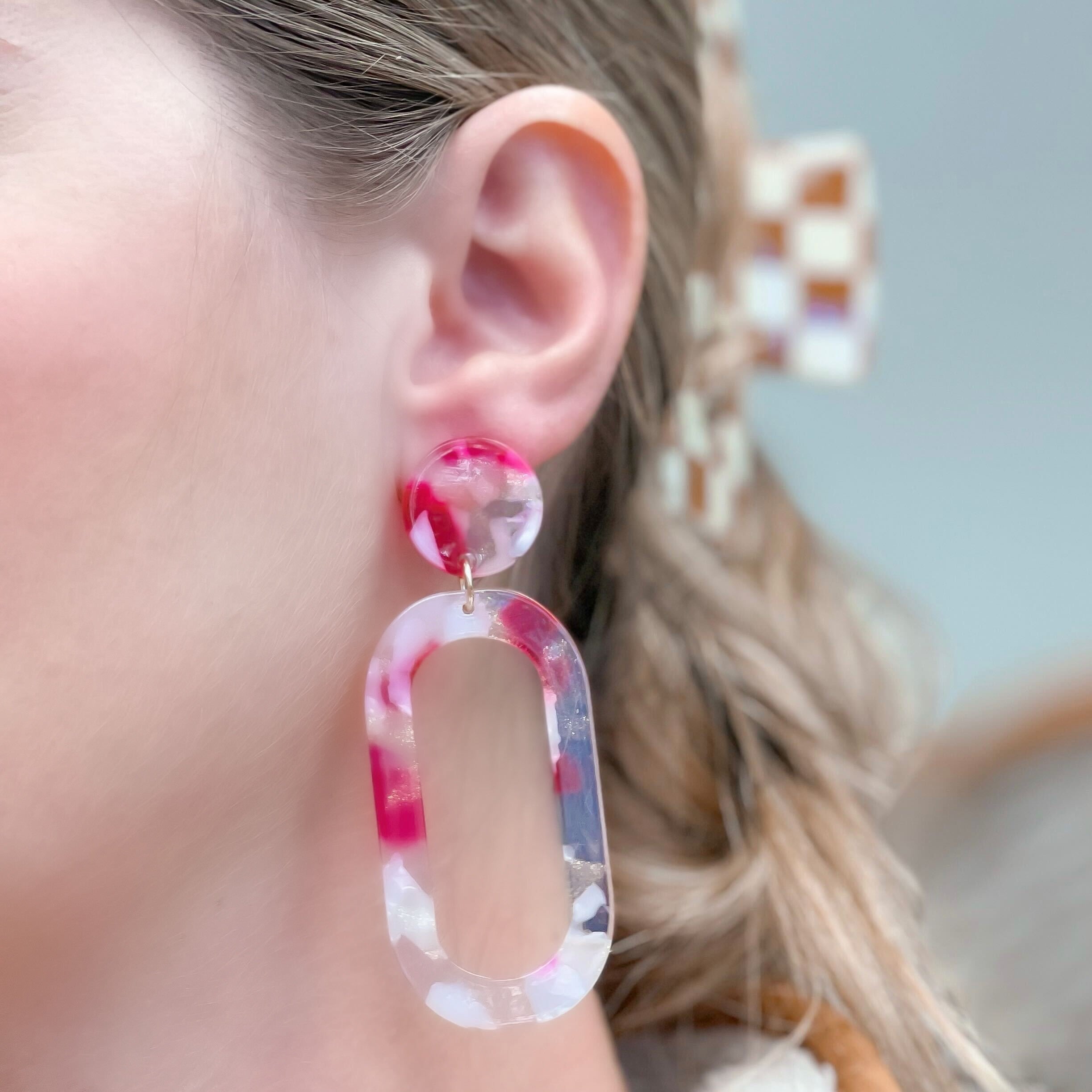Marbled Acrylic Neon Oval Dangle Earrings - Pink